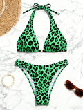 Women Full Leopard Print Halter Bikini Set Gold Metal Buckle Front Triangle Top High‑cut Bottom 2 Piece Bathing Suit
