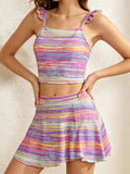 Women Two‑Piece Tankini Swimwear, Ruffle Spaghetti Strap Crop Tank Top and High Waist Skirted Swim Bottom Colorful Gradient Stripe Modest Bathing Suit for Beach Pool Vacation 5 Colors Optional