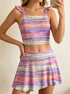 Women Two‑Piece Tankini Swimwear, Ruffle Spaghetti Strap Crop Tank Top and High Waist Skirted Swim Bottom Colorful Gradient Stripe Modest Bathing Suit for Beach Pool Vacation 5 Colors Optional