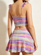 Women Two‑Piece Tankini Swimwear, Ruffle Spaghetti Strap Crop Tank Top and High Waist Skirted Swim Bottom Colorful Gradient Stripe Modest Bathing Suit for Beach Pool Vacation 5 Colors Optional