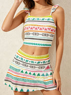 Women Two‑Piece Tankini Swimwear, Ruffle Spaghetti Strap Crop Tank Top and High Waist Skirted Swim Bottom Colorful Gradient Stripe Modest Bathing Suit for Beach Pool Vacation 5 Colors Optional