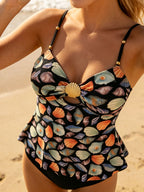 Women Two‑Piece Tankini Swimwear, Adjustable Spaghetti Strap Seashell Metal Ornament Cutout Flared Ruffle Tank Top With Solid High‑Cut Bottom Ocean Sea‑Life Print Modest Bathing Suit for Beach Pool Vacation 8 Colors Optional