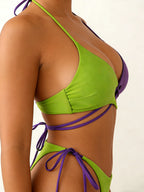 Color Block Criss‑Cross Wrap Halter Bikini Set, Tie‑Side Two‑Piece Bathing Suit