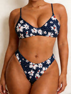 Thin Strap V‑Neck Printed Bikini Set, High‑Cut Two‑Piece Bathing Suit