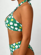Cross Halter Keyhole Printed Bikini Set, High‑Cut Two‑Piece Bathing Suit