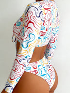 Long Sleeve Front Tie Printed Bikini Set, High‑Cut Two‑Piece Rash Guard Bathing Suit