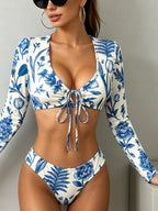 Long Sleeve Front Tie Printed Bikini Set, High‑Cut Two‑Piece Rash Guard Bathing Suit