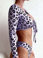 Long Sleeve Front Tie Printed Bikini Set, High‑Cut Two‑Piece Rash Guard Bathing Suit