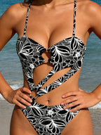 `Women Cutout O‑Ring One Piece Swimsuit Spaghetti Strap Printed Monokini Bathing Suit`