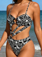 `Women Cutout O‑Ring One Piece Swimsuit Spaghetti Strap Printed Monokini Bathing Suit`