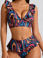 Women Ruffle V Neck High Waisted Bikini Set Printed 2 Piece Swim Bathing Suit