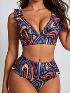 Women Ruffle V Neck High Waisted Bikini Set Printed 2 Piece Swim Bathing Suit