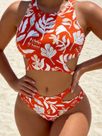 High Neck Cut‑Out Two‑Piece Bikini Set, All‑Over Print Crop Top Bathing Suit