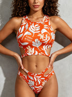 High Neck Cut‑Out Two‑Piece Bikini Set, All‑Over Print Crop Top Bathing Suit