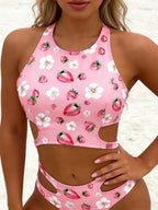 High Neck Cut‑Out Two‑Piece Bikini Set, All‑Over Print Crop Top Bathing Suit