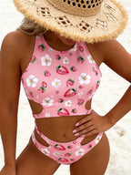 High Neck Cut‑Out Two‑Piece Bikini Set, All‑Over Print Crop Top Bathing Suit