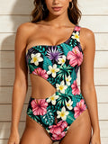 One Shoulder Cutout One Piece Swimsuit Printed High Cut Monokini