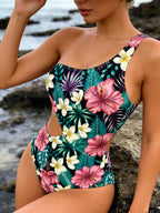 One Shoulder Cutout One Piece Swimsuit Printed High Cut Monokini