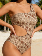 One Shoulder Cutout One Piece Swimsuit Printed High Cut Monokini