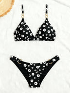 Multi Print Triangle Two Piece Bikini Set Women Halter / Spaghetti Strap Swimsuit