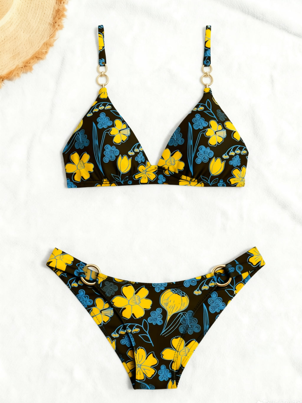 Multi Print Triangle Two Piece Bikini Set Women Halter / Spaghetti Strap Swimsuit