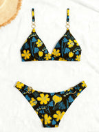 Multi Print Triangle Two Piece Bikini Set Women Halter / Spaghetti Strap Swimsuit