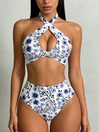 Cross Halter Keyhole Printed Bikini Set, High‑Cut Two‑Piece Bathing Suit