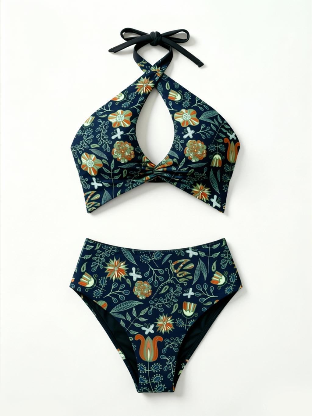 Cross Halter Keyhole Printed Bikini Set, High‑Cut Two‑Piece Bathing Suit