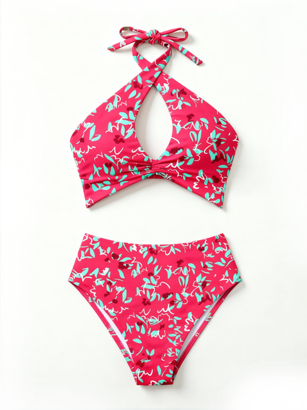Cross Halter Keyhole Printed Bikini Set, High‑Cut Two‑Piece Bathing Suit