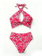 Cross Halter Keyhole Printed Bikini Set, High‑Cut Two‑Piece Bathing Suit