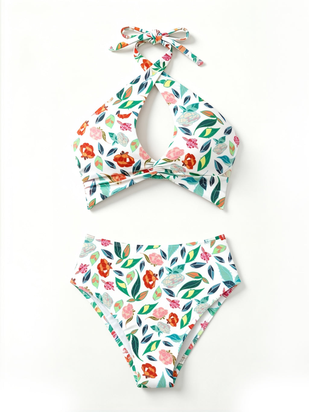 Cross Halter Keyhole Printed Bikini Set, High‑Cut Two‑Piece Bathing Suit