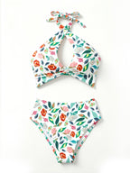 Cross Halter Keyhole Printed Bikini Set, High‑Cut Two‑Piece Bathing Suit
