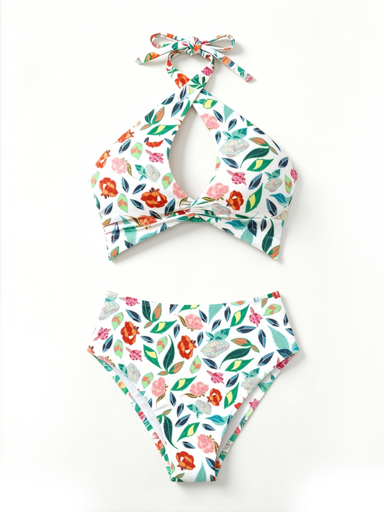 Cross Halter Keyhole Printed Bikini Set, High‑Cut Two‑Piece Bathing Suit