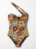 Women One Shoulder O‑Ring Cutout One Piece Swimsuit Printed Monokini Bathing Suit