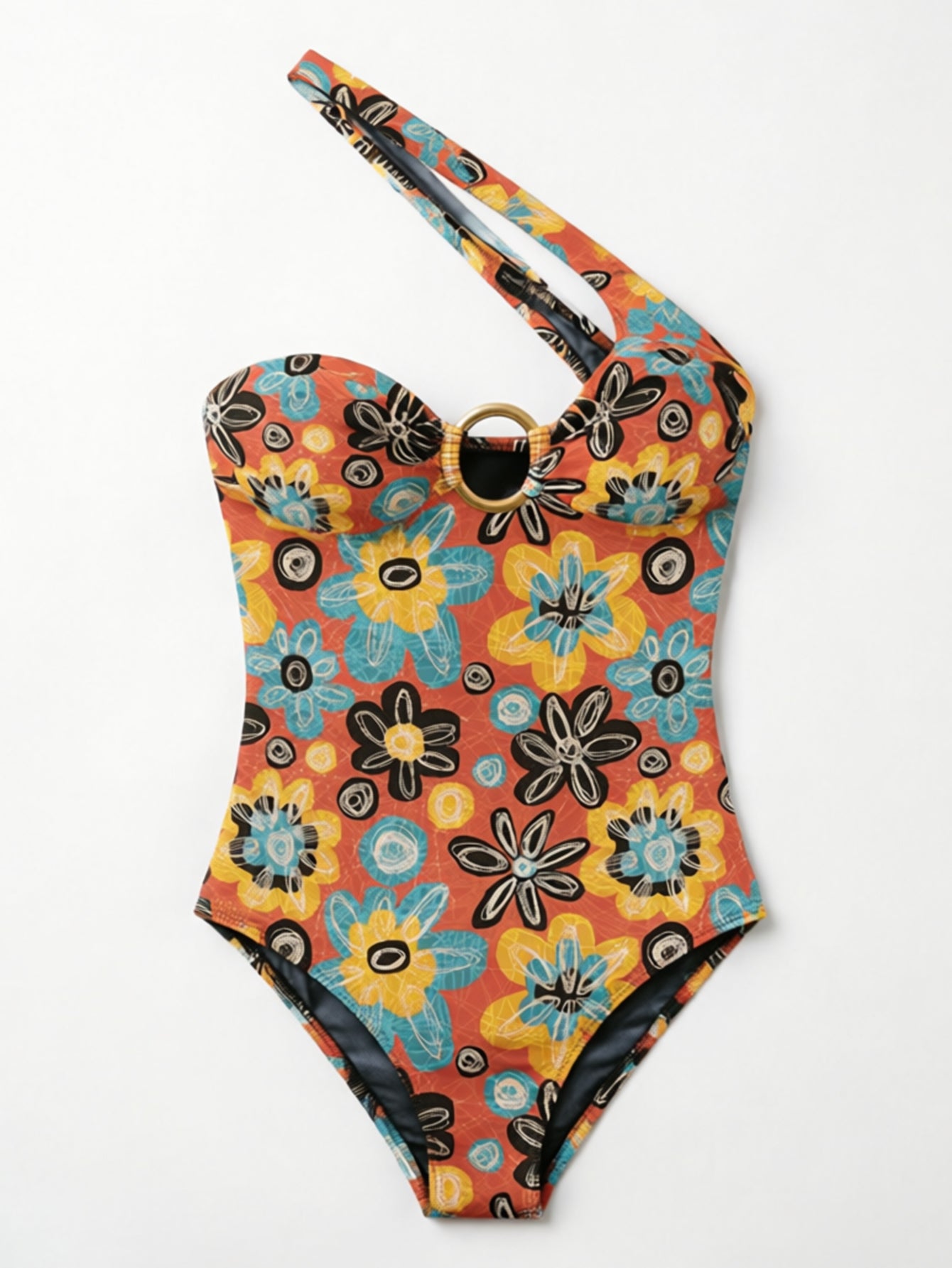 Women One Shoulder O‑Ring Cutout One Piece Swimsuit Printed Monokini Bathing Suit