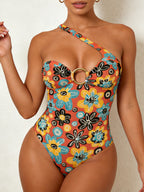 Women One Shoulder O‑Ring Cutout One Piece Swimsuit Printed Monokini Bathing Suit
