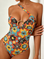 Women One Shoulder O‑Ring Cutout One Piece Swimsuit Printed Monokini Bathing Suit