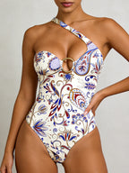Women One Shoulder O‑Ring Cutout One Piece Swimsuit Printed Monokini Bathing Suit