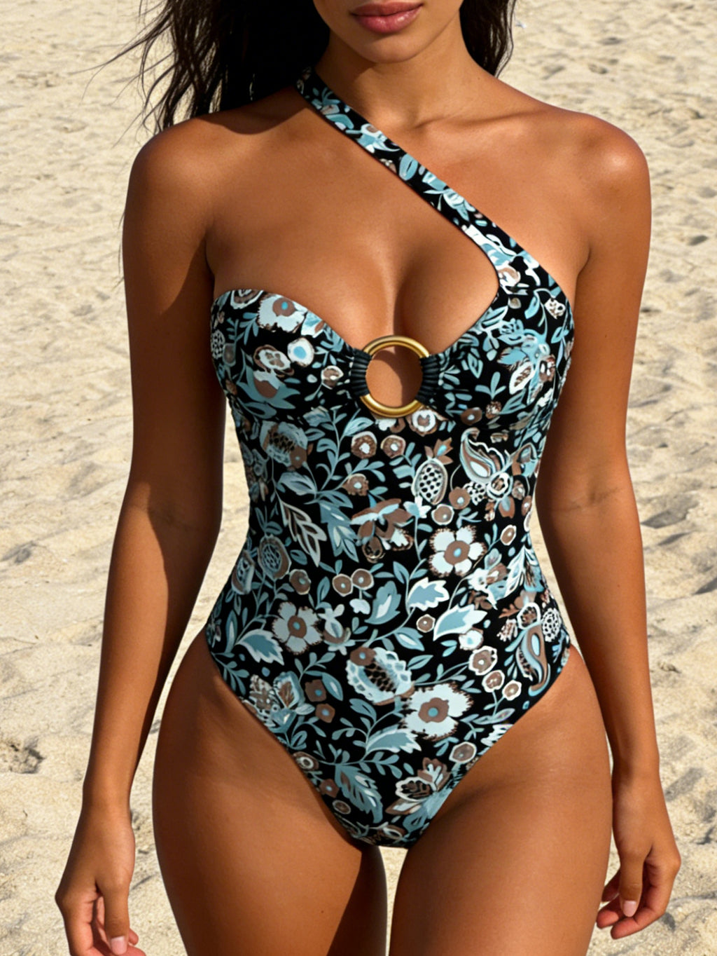Women One Shoulder O‑Ring Cutout One Piece Swimsuit Printed Monokini Bathing Suit