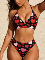 Multi Print Triangle Two Piece Bikini Set Women Halter / Spaghetti Strap Swimsuit