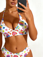 Multi Print Triangle Two Piece Bikini Set Women Halter / Spaghetti Strap Swimsuit