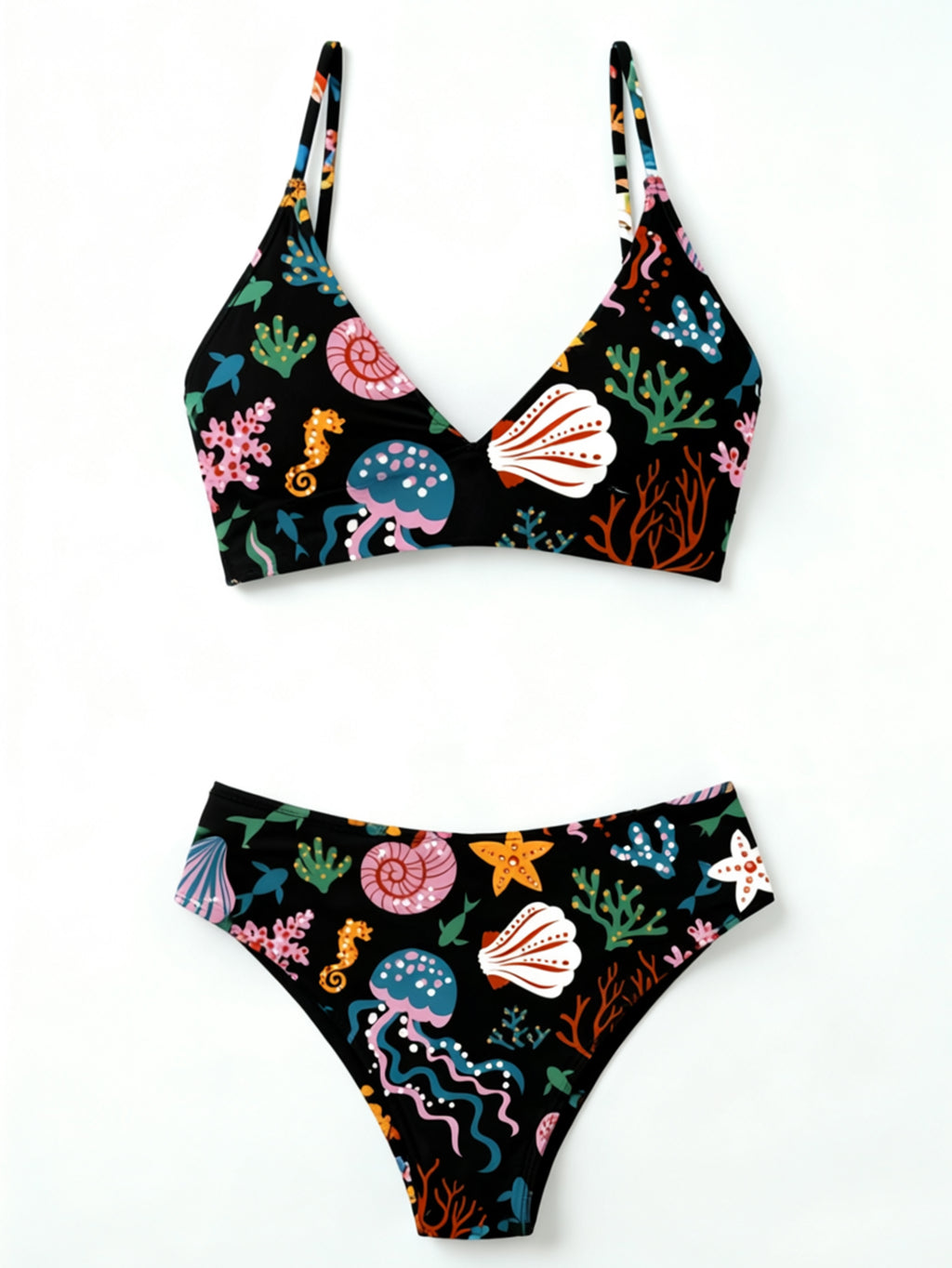 Multi Print Triangle Two Piece Bikini Set Women Halter / Spaghetti Strap Swimsuit