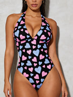 Halter Deep V High‑Cut One‑Piece Swimsuit, All‑Over Print Monokini Bathing Suit