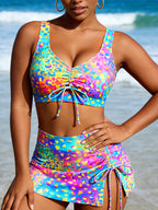 Women Drawstring Ruched Tankini 2 Piece Swimsuit High Waisted Skirted Swim Skirt Bathing Suit