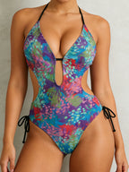 `Women Halter Cutout One Piece Swimsuit Multi Print Side Tie Monokini Bathing Suit