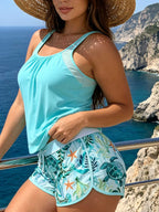 Women Tankini Swimsuit 2 Piece Blouson Tank Top With Sea‑Print Swim Shorts Modest Bathing Suit