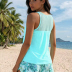 Women Tankini Swimsuit 2 Piece Blouson Tank Top With Sea‑Print Swim Shorts Modest Bathing Suit